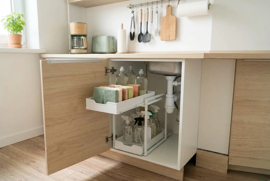 Two-tier pull-out organizer under a kitchen sink holding sponges and spray bottles