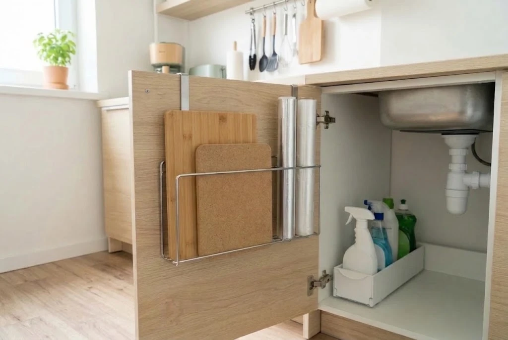 Organizer on the inside of a cabinet door holding cutting boards and rolls of foil