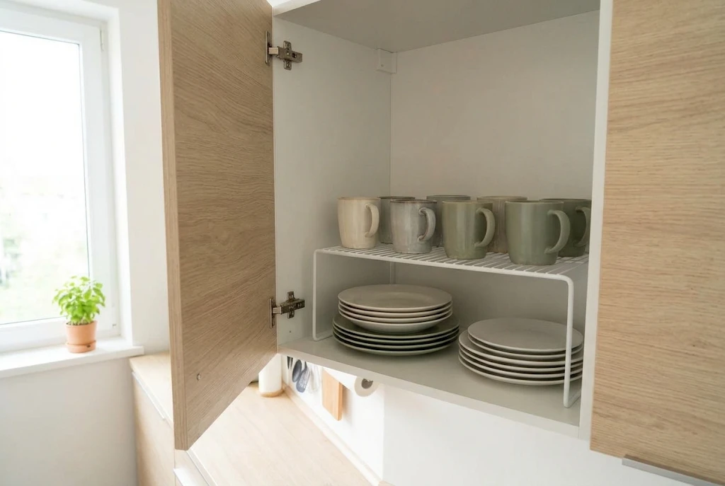 Cabinet shelf riser with plates underneath and mugs on top
