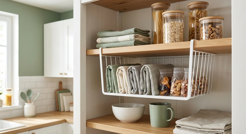 Wire basket hanging under a pantry shelf holding dish towels and snacks