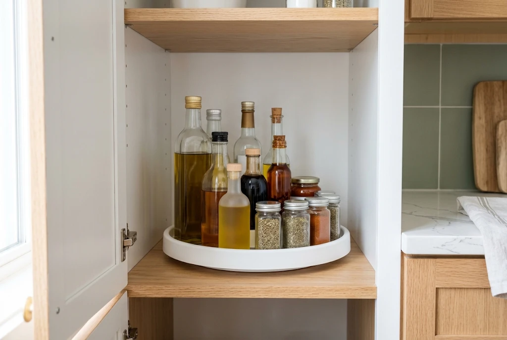 Turntable in a cabinet holding oil, vinegar and spice jars
