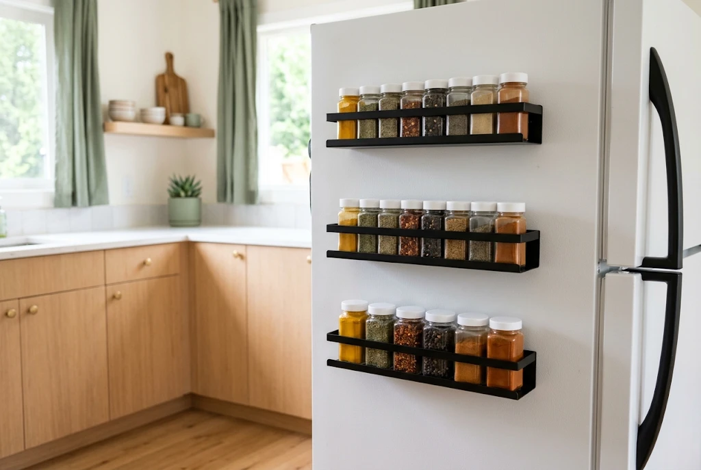Three magnetic shelves with spice jars on a refrigerator