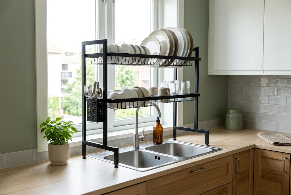 Two-tier dish drying rack standing over a kitchen sink