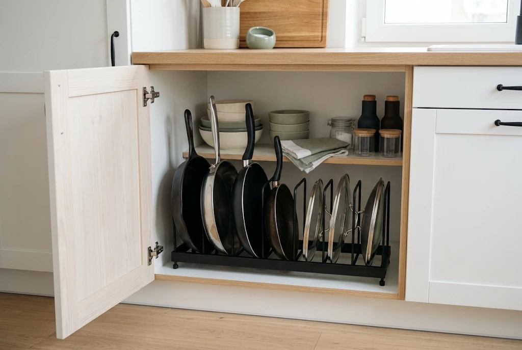 Rack in a lower cabinet holding pans and lids vertically