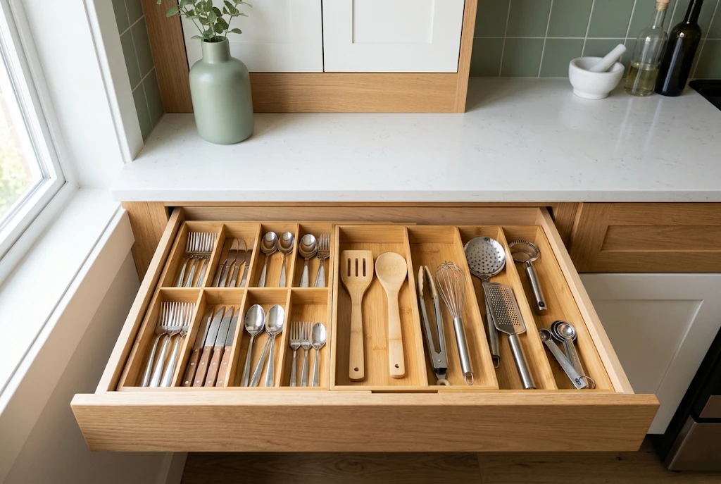 Bamboo expandable organizer filling a kitchen drawer with sorted utensils