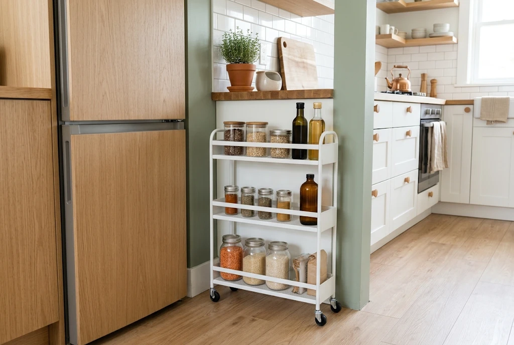 Narrow rolling cart with jars standing in a gap next to the refrigerator