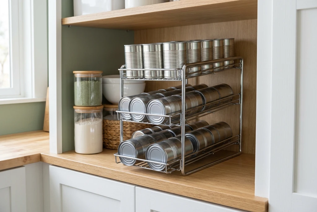 Three-tier chrome can rack on a pantry shelf