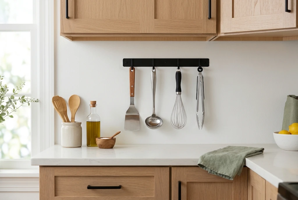 Spatula, ladle, whisk and tongs hanging on a black rail on the kitchen wall